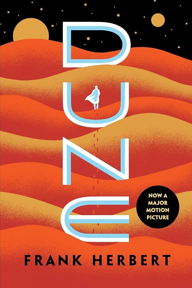 Dune book cover! A white figure walks on stylized dunes in the background 