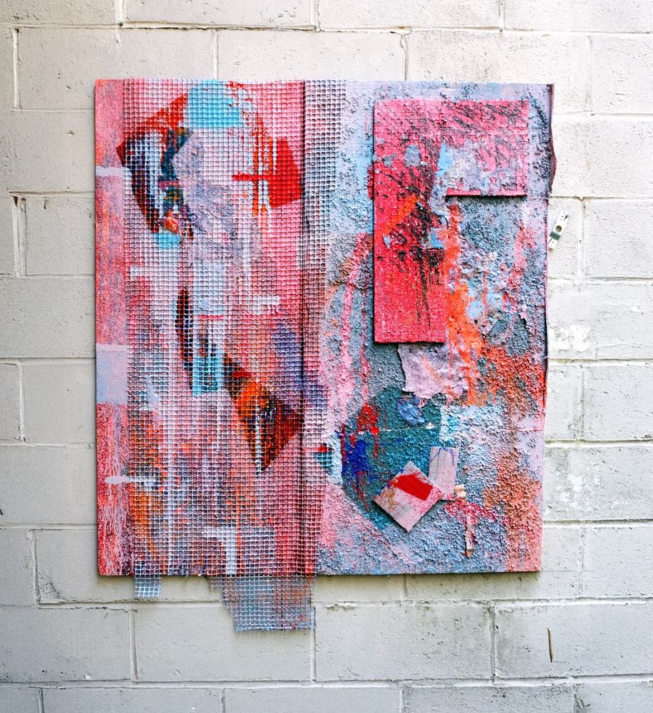 Textural collage using found industrial and found materials. Title: At the intersection of Baltic, Bond, Hoyt, and Douglass. c.2019 Mesh, latex, insulation, and concrete. 54 x 44 3/8 in. 