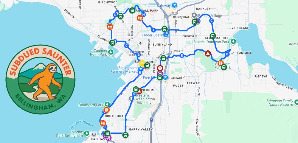 A map of Bellingham showing a 20 mile walking route throughout the city's neighborhoods. The logo shows a sloth (the city's new informal mascot) walking in front of a mountain in the background.