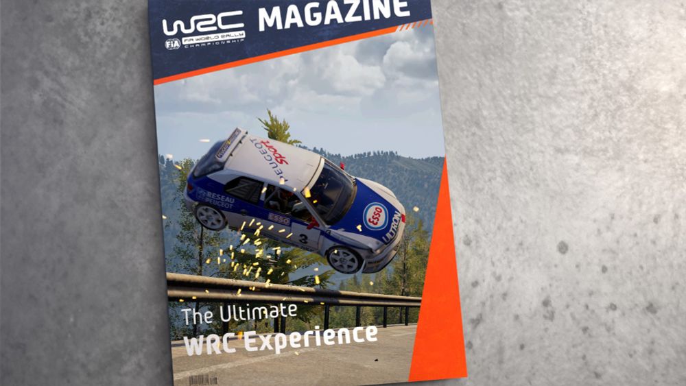 A stylized screenshot of a "WRC Magazine" cover titled "The Ultimate WRC Experience, featuring a picture of a Peugeot 306 Maxi Kit Car going over a guardrail on a tarmac stage.

Game : EA Sports WRC
Car : Peugeot 306 Maxi Kit Car
Rally/Stage : Monte-Carlo - Parbiou