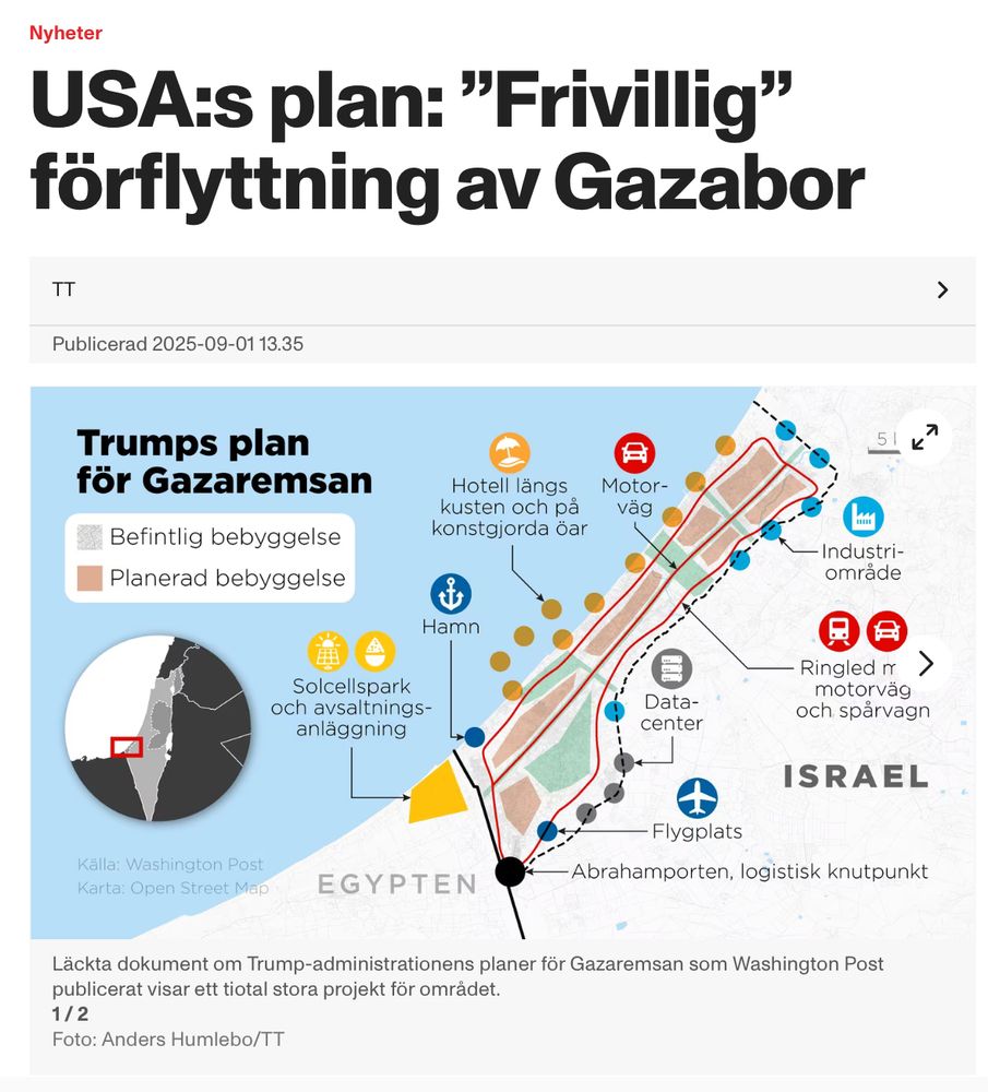 Grafik från TT som beskriver USAs planer för Gaza efter att de boende har förvisats eller mördats för att skapa Rivera för semestrande folkmördare. 