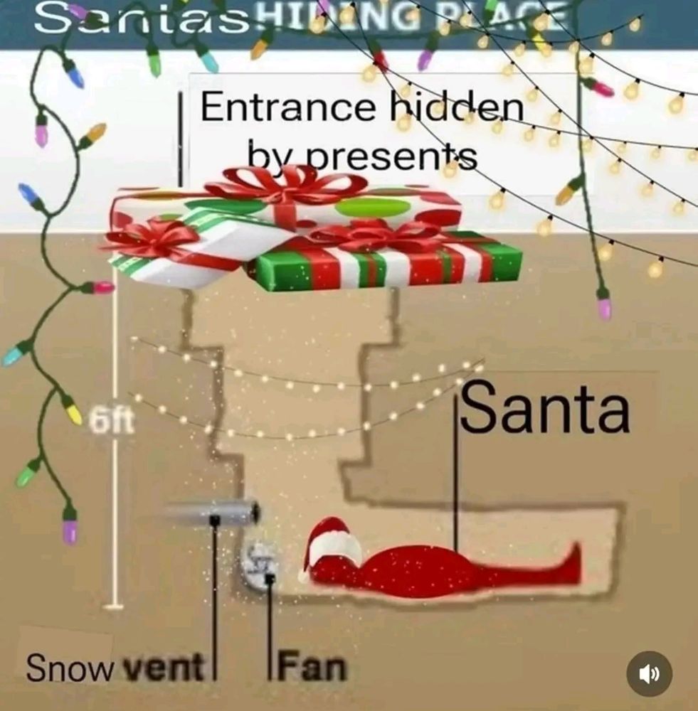 Saddam Hussein's hiding hole meme but it's Santa and a festive hiding hole. Entrance hidden by presents 