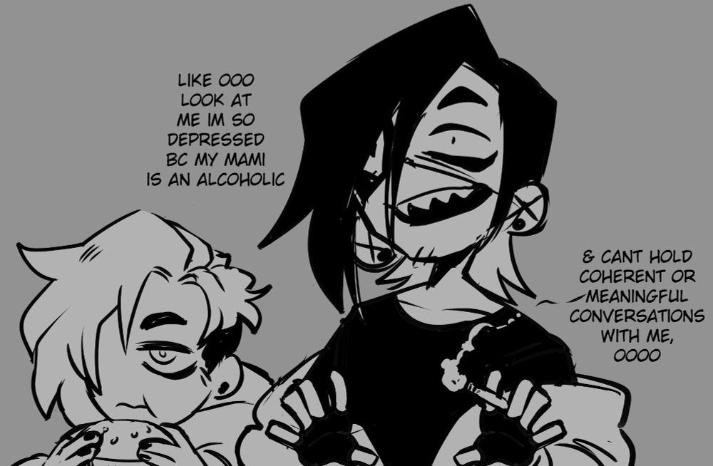 Parker puts his hands up, palms out, like hes showcasing something.

Parker: Like ooo look at me im so depressed bc my mami is an alcoholic & cant hold coherent or meaningful conversations with me, oooo