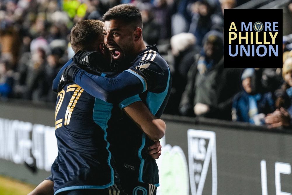 The Philadelphia Union's Tai Baribo and Kai Wagner embrace after a goal, with the logo for the A More Philly Union podcast 