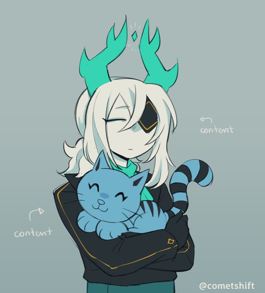 Art of M0edkit (from Phighting) holding up Pilchard the cat (from Bob the Builder) in his arms. Medkit has his eyes closed in a content expression while Pilchard looks happy in his arms.