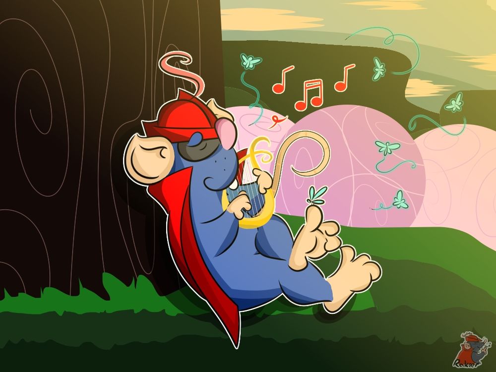 Rakeer the Red Rat, playing a song for the bugs. While relaxing under a tree.