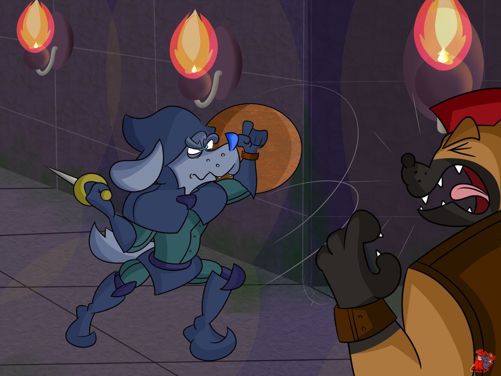 The Grey Hound disarms the bandit dog, and prepares a deadly strike with his battle blade