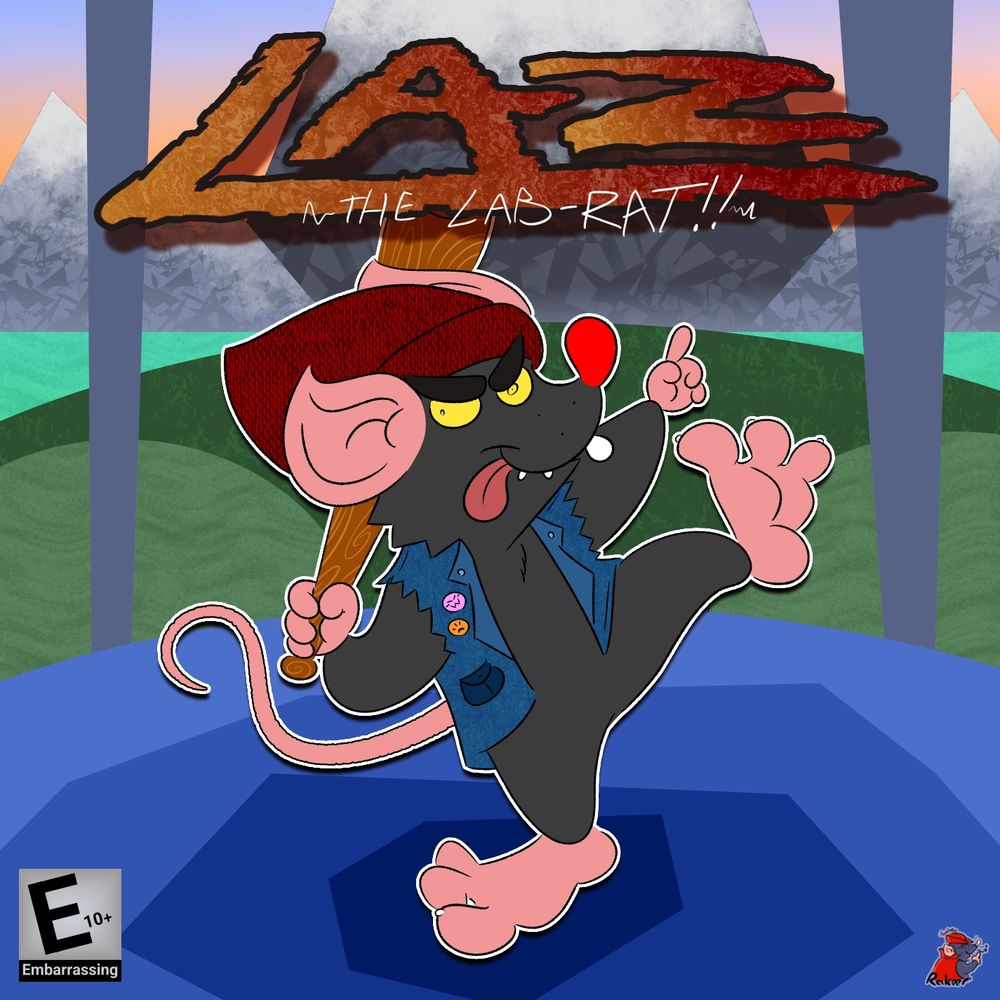 A grungy rat wielding a baseball bat, posing on his video game cover.