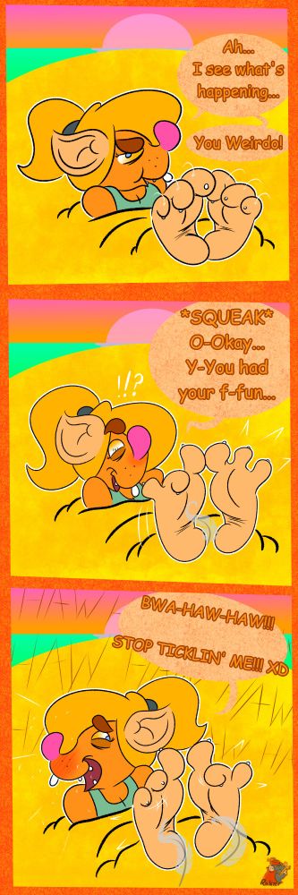 A three panel cartoon of rude having her paws feathered, whilst buried in the sand.