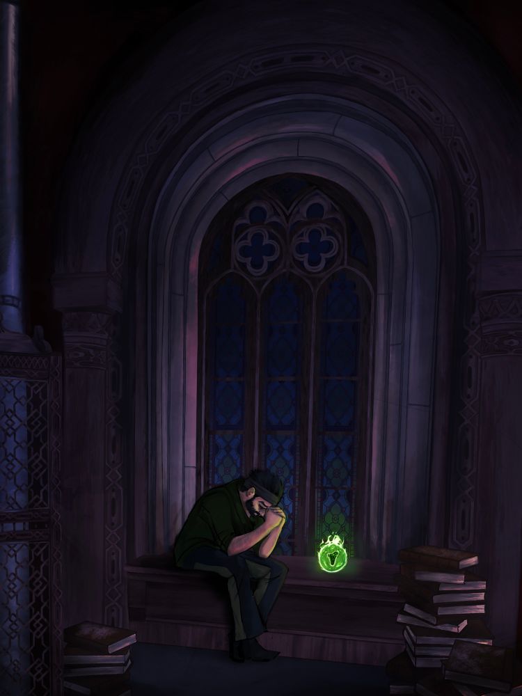 Drifter in Eris’ apartment, now alone in the dark, grieving beside Eris’ rock.