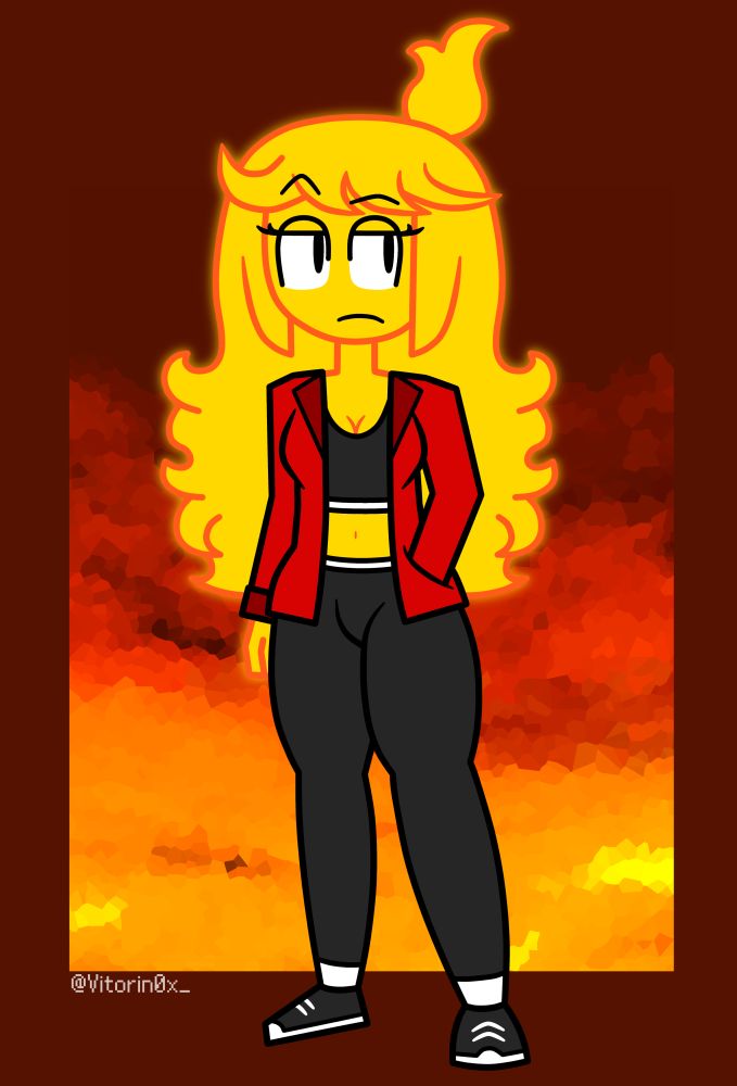Candela Fogueira, 22 years old.

She's a fire element girl who is goodhearted, but has a bit of temper. She may look arrogant and direct, but once you get to know her, she's a very nice and helpful person. Just don't get into her bad side, or you'll end up with third-degree burns.

When she was a child, her father used to teach her fighting techniques for personal defense, so she's also a very agile and strong fighter.
She often trains to improve her techniques.

Enjoys spending time with her lifelong friend, Alanna Mizue, a water element girl. Despite the clear contrast between the two, they got to make an almost unbreakable bond.