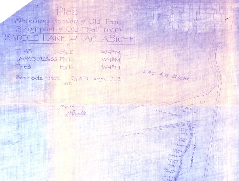 [portion] of "Plan showing survey of old trail being part of old trail from Saddle Lake to Lac la Biche" by A.P.C. Belyea. Surveyed in 1912"

Shows the Lac la Biche area and title of the map, including the townships covered. 
