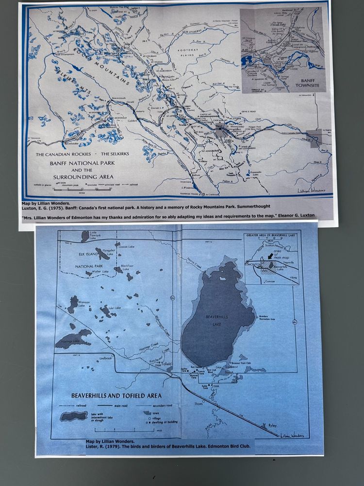 Map a-day-in May (a thirty-one cabinet display) Lillian J. Wonders
Picture of two maps that appeared in the following books:

Luxton, E. G. (1975). Banff: Canada’s first national park. A history and a memory of Rocky Mountains Park. Summerthought.

Lister, R. (1979). The birds and birders of Beaverhills Lake. Edmonton Bird Club. 




