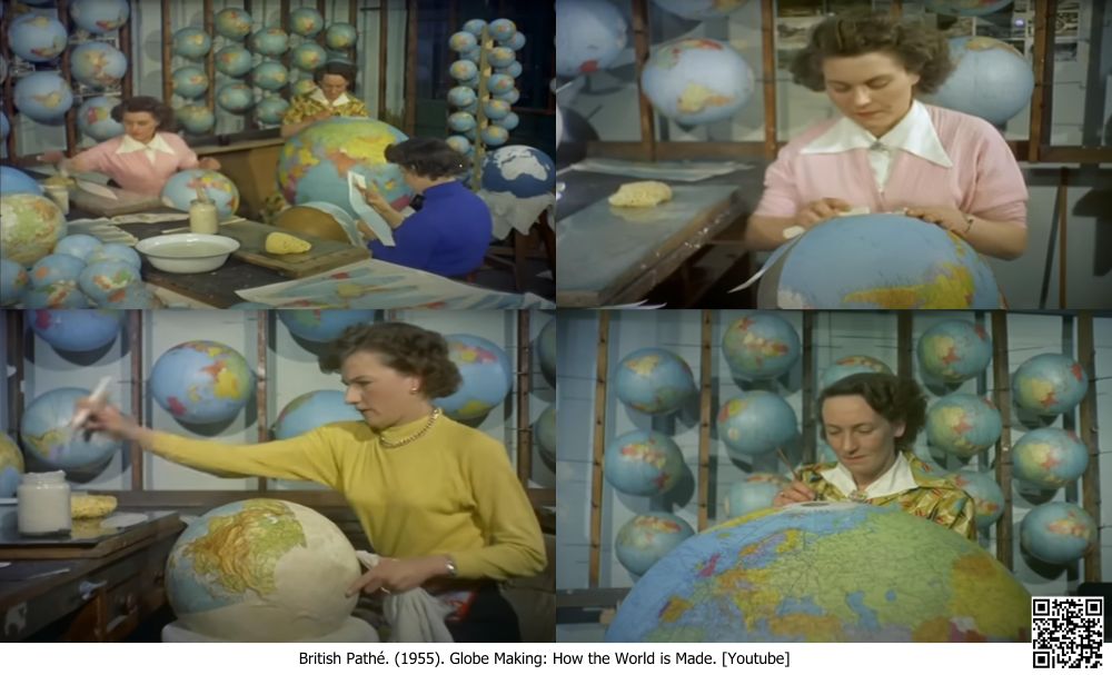 Map a-day-in May (a thirty-one cabinet display) Ellen Eliza Fitz

Related Information: British Pathé. (1955). Globe Making: How the World is Made. 

A 2:40 min. Youtube video showing how globes were made. 
Link: https://www.youtube.com/watch?v=4RWcWSN4HhI
