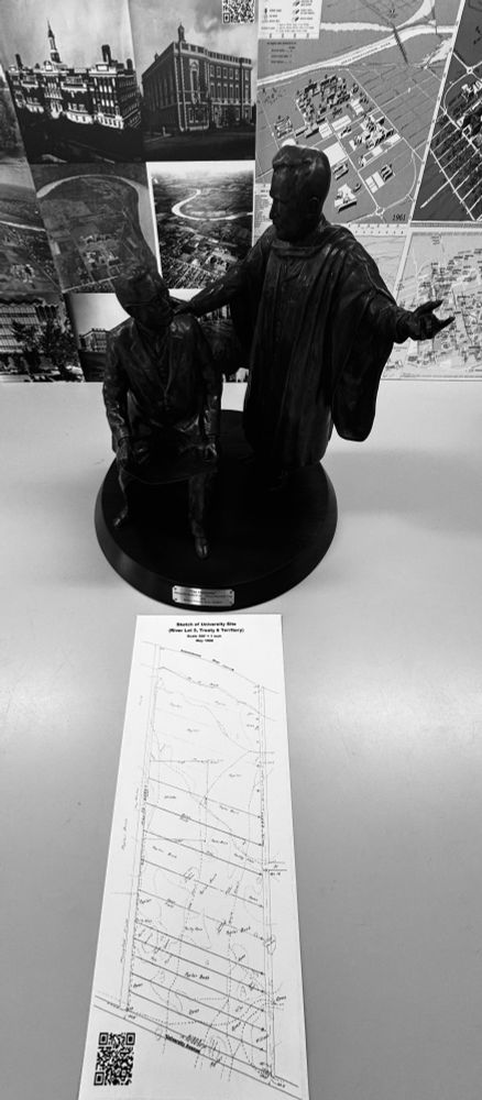 The Visionaries (maquette)
Artist Barbara Paterson

While the statue presents a conversation between the two university founders about the location of the proposed university, there is a deeper, layered history that the statue overlooks. The map held by Rutherford depicts a section of land marked with the number 5, which would become the future home of the University of Alberta. This map illustrates the presence of Métis river lots and specifically marks River Lot 5, along the south bank of the North Saskatchewan River. River Lot 5 was also a place where the Laurent Garneau family lived, played and made a living. River lots were included in the 1882 Dominion of Canada Survey for the settlement of Edmonton, Northwest Territories. The statue, however, provides limited visual information on who was present on the land and suggests that it was uninhabited before the university’s establishment. The history of these lands, prior to European contact in western Canada, included Niitsitapi (Blackfoot), Dene, Néhiyaw (Cree) and Stoney Nakoda Nations. There would have been agreements or treaties in place between these Nations around sharing of the land. In essence, the statue simplifies the layered history of the land and points to the erasure of First Nations presence, of Treaty Six (signed in 1876) history, and the disenfranchisement of the Papaschase Cree Nation and their reserve (No. 136) lands.

Large statues such as “The Visionaries” serve to publicly affirm the history and authority of those who are portrayed in the work. Although intended to celebrate the institutional founding of the University of Alberta, the statue brings to light the importance of acknowledging Indigenous Peoples and lands, and the way complex and layered histories are remembered and commemorated on campus. This is the endeavour of the people who continue to work and study at the University of Alberta today. 

University of Alberta Art Collection
University of Alberta Museums
