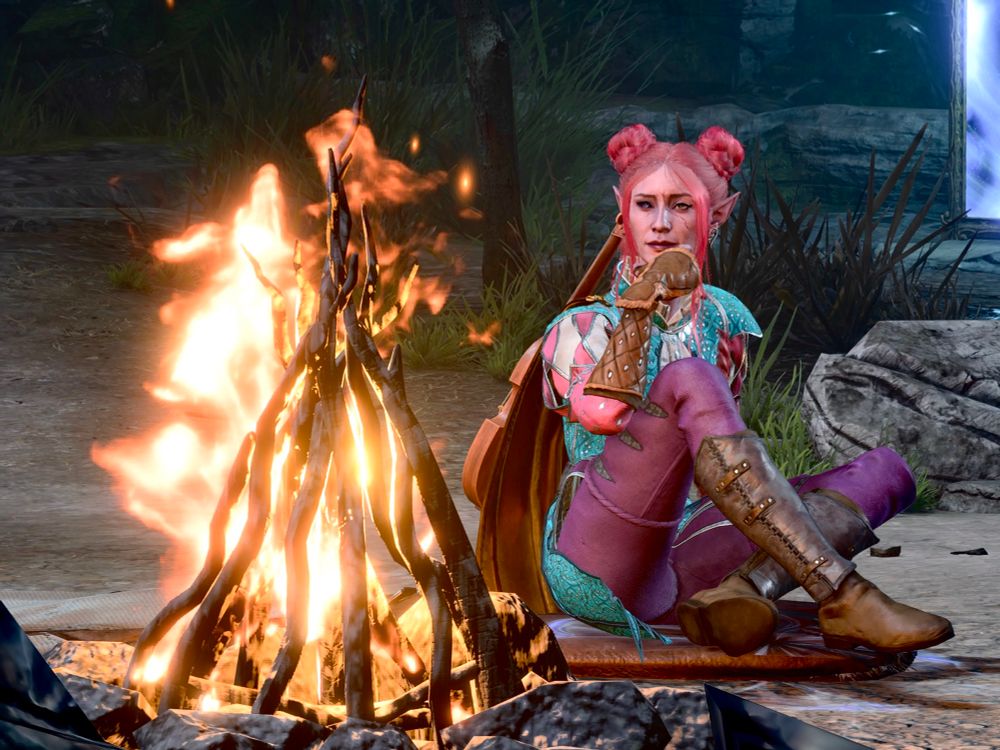 the same drow but she is sat on a sleeping bag on the ground, she is making a pensive face and looking at the campfire