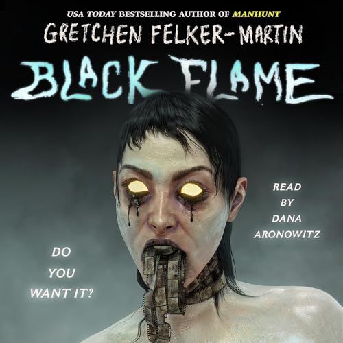 Cover for Black Flame featuring a pale person with black hair, glowing yellow eyes, and film in their mouth and wound their throat