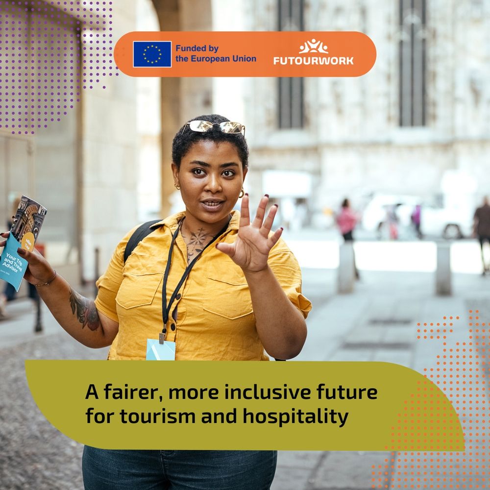 A tour guide in a yellow shirt mid speech with hands raised. Caption reads "A fairer, more inclusive future for tourism and hospitality"