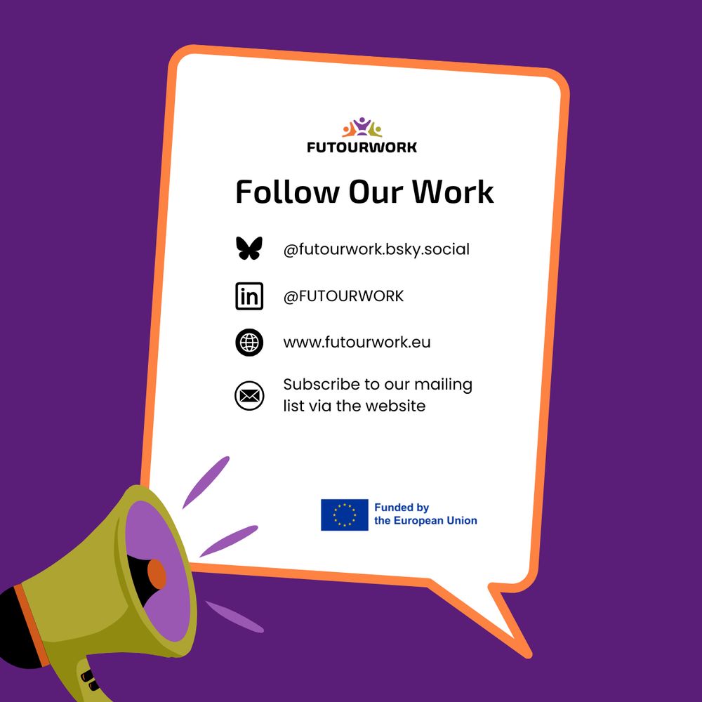 A megaphone next to a speech bubble with a header 'Follow Our Work' and a list of social media icons and handles