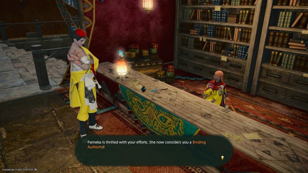 From the MMORPG Final Fantasy 14. My character crosses her arms and looks down at a sidequest NPC named Pameka. A word balloon at the bottom of the screen reads, “Pameka is thrilled with your efforts. She now considers you a /Binding Authority/.

My character, meanwhile, is wearing an open kimono top with one arm side of their body exposed. Including their visible breast binding beneath the open kimono.

So, yea. They have some experience when it comes to binding.