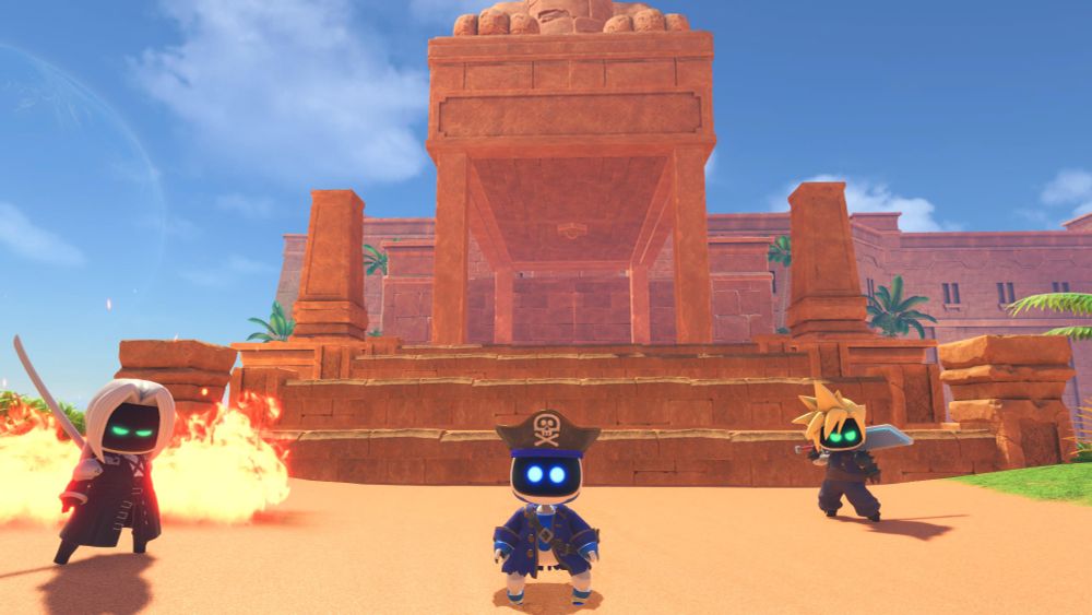 A screenshot of Cloud and Sephiroth from Final Fantasy 7 in Astro Bot.