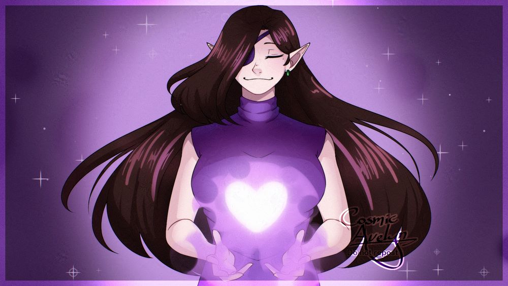 Digital waist-up drawing of my OC/persona Avelyn. She is facing the viewer, smiling serenely with her eyes closed as she conjures magic in the shape of a glowing heart.