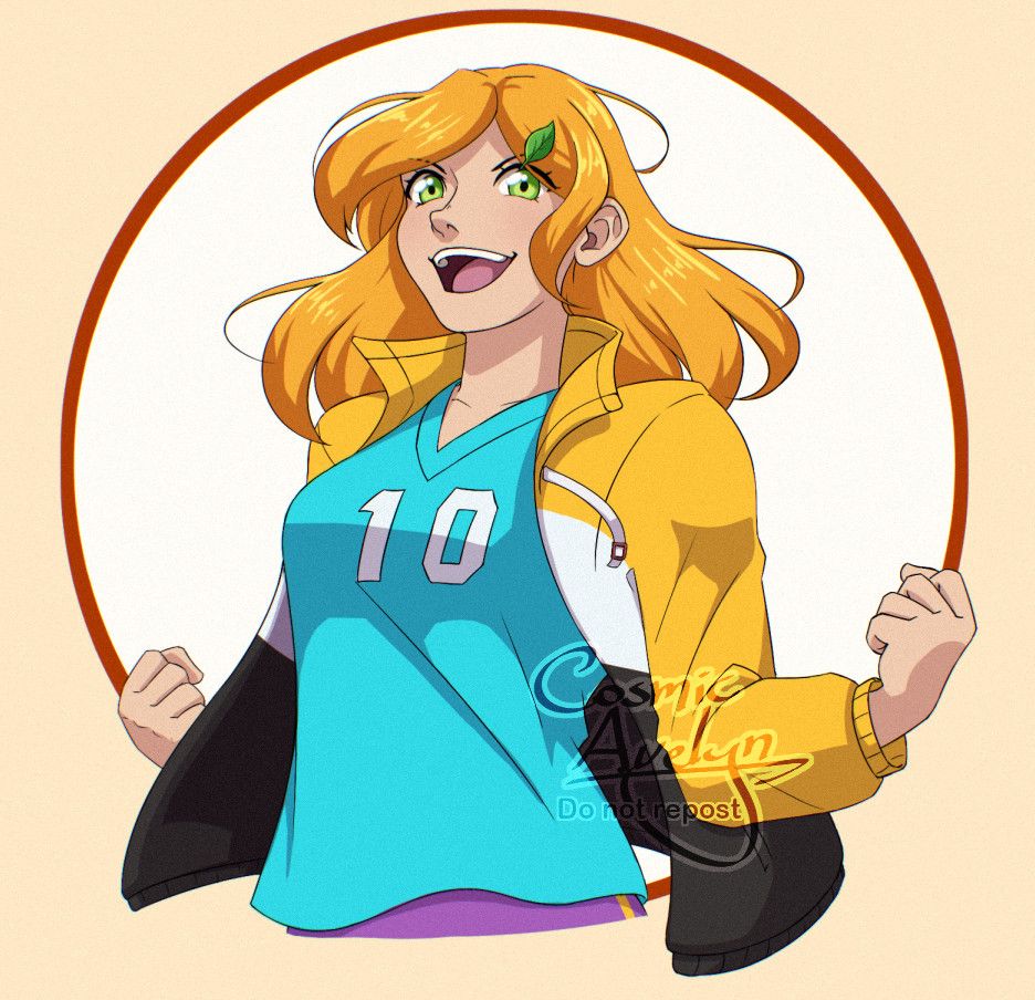 Waist-up digital art of a girl jumping. She has bright orange hair and green eyes, and is wearing a teal jersey with "10" on the front and an orange, white, and black jacket. A green leaf pin is in her hair.