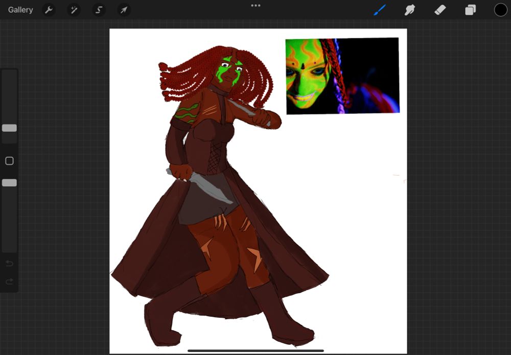 A coloured drawing of a black woman with red braids. She is posed with two daggers, and has neon green face paint. Her body is scarred, and she is wearing a very impractical leather outfit with a corset and capelet.