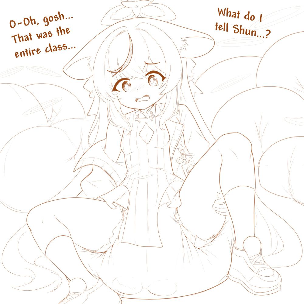 Kokona from Blue Archive sits in a full, puffy diaper, surrounded by balled-up diapers belonging to her students. She clearly appears guilty over what just happened.