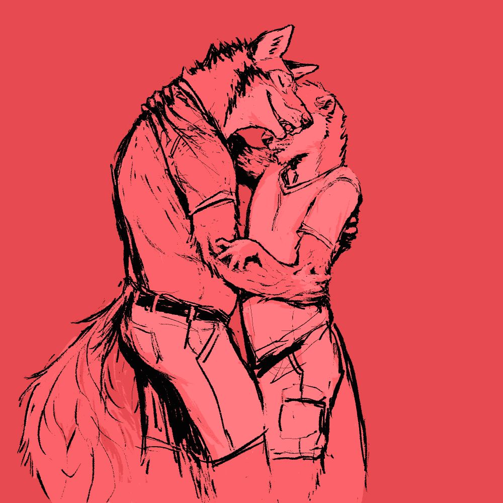 Leo and Chase entangled in a hug