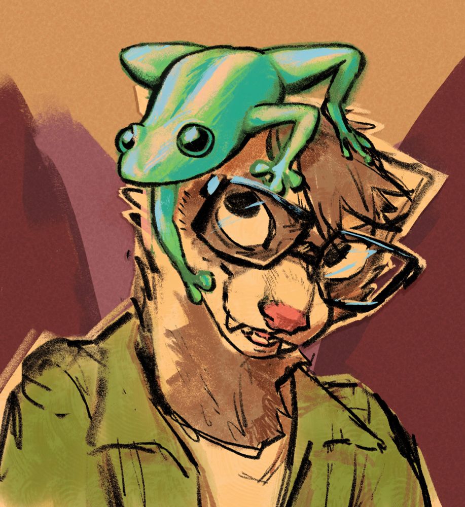 Anthro ferret with a non-anthro frog on his head