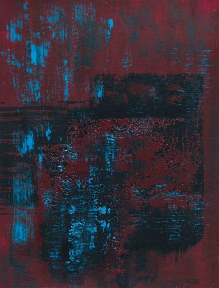 Abstract painting in deep red, with blocks of black, and strokes of bright blue, dark gray. 