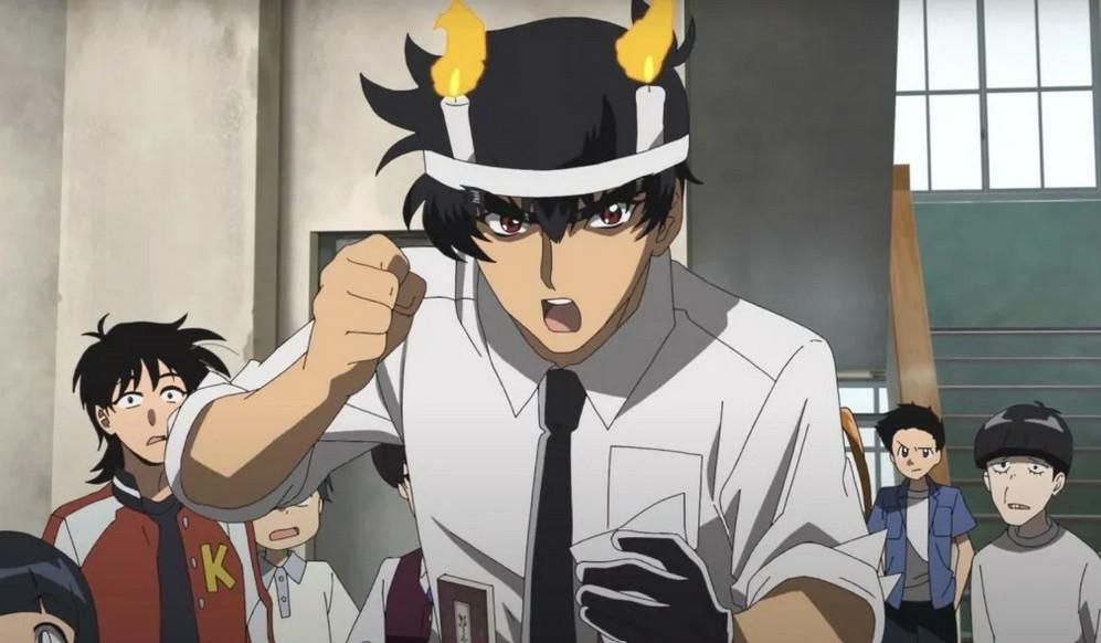 Image tirée d'un anime. Un personnage d'allure masculine est face à nous, arborant une expression déterminée, poing levé, semblant scander quelque chose noté sur des papiers qu'il tient dans l'autre main et porte des bougies allumées sur le front (maintenues par un bandeau). D'autres personnes sont en arrière-plan et semblent décontenancées/incrédules