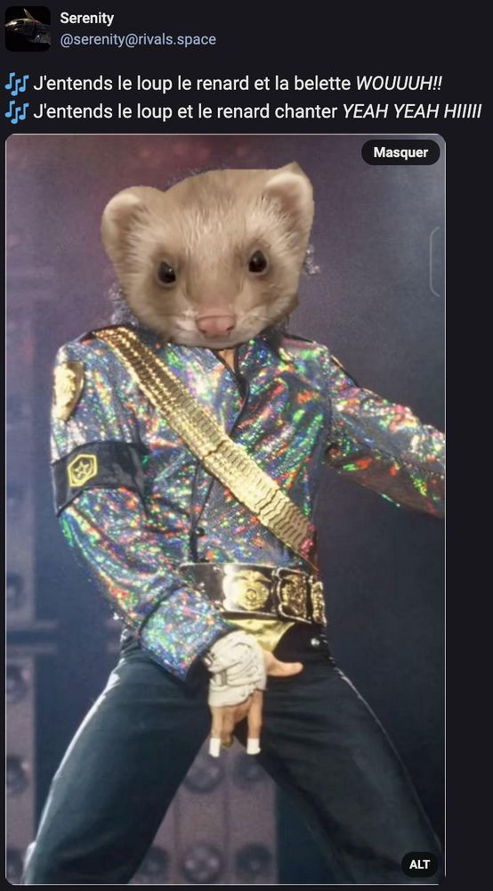 Image : Image de Michael Jackson dans une de ses poses iconiques jambes écartées et main sur l'entrejambe ; portant une veste brillante de toutes les couleurs. Un montage a remplacé sa tête par celle d'un furet, Serenity propose que pour la blague on dise que c'est une belette
(Image chinée sur le compte de Tsuki & Toka)

Texte de Serenity : 🎶 J'entends le loup le renard et la belette WOUUUH!!
🎶 J'entends le loup et le renard chanter YEAH YEAH HIIIII