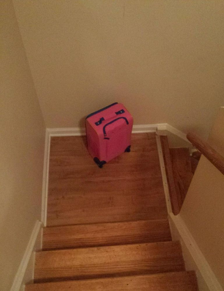 Une valise vue depuis le haut d'un escalier, la fermeture éclair qui sert à la fermer donne en paréidolie l'impression qu'elle fait grave la gueule