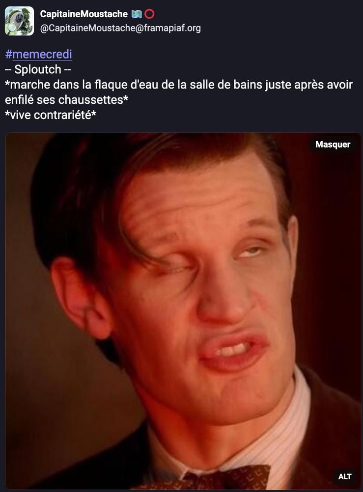 Image : 11e Docteur (de Doctor Who, joué par Matt Smith, un homme blanc alors agé de 32 ans, portant un costard avec un noeud papillon) est figé dans une expression faciale : oeil droit fermé, oeil gauche à demi ouvert, lèvre entreouvertes, lèvre supérieure retroussée. Une mèche de cheveux lui tombe dans l'oeil droit

Texte de CapitaineMoustache : -- Sploutch --
*marche dans la flaque d'eau de la salle de bains juste après avoir enfilé ses chaussettes*
*vive contrariété*