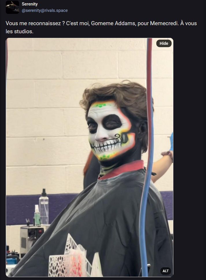 Image : Une personne est assise et nous regarde un peu en coin, un sourire assuré, presque narquois, sur le visage ; avec un maquillage crane/tête de mort avec une petite moustache courbée au bout

Texte du post de Serenity : Vous me reconnaissez ? C'est moi, Gomeme Addams, pour Memecredi. À vous les studios.