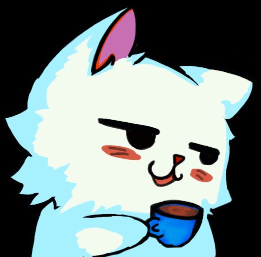 Dessin d'un chiot blanc, tenant une tasse de café et lançant un regard de coté avec un sourire entendu