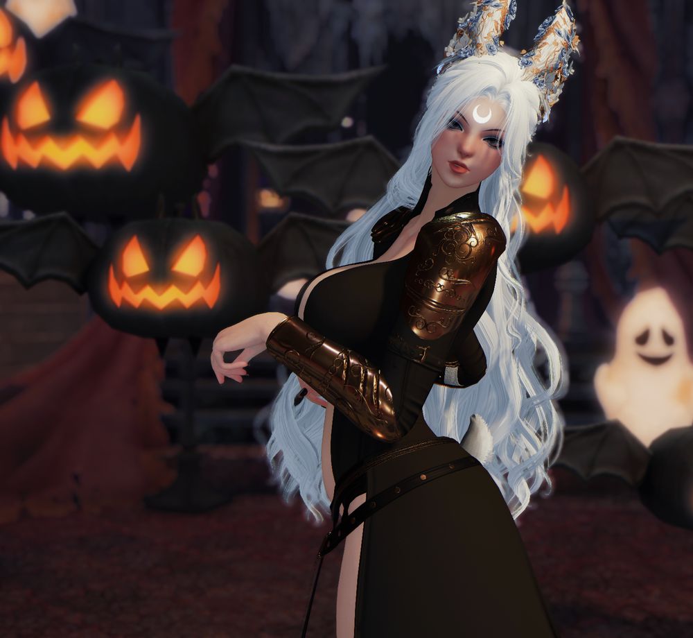 Silvery blue long wavy hair, with blue eyes, female viera standing there wearing a black revealing outfit and gold armor on her forearm and shoulders. her crescent moon on her forehead is shining brightly. her bunny ears are tilted back. Pumpkin and ghosts are in the background. She says "boo"