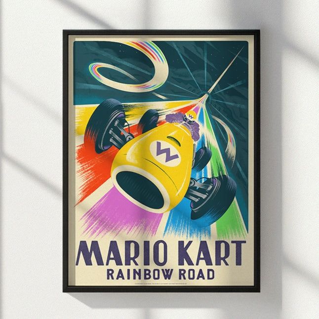 A Mario Kart print of Wario driving on Rainbow Road.