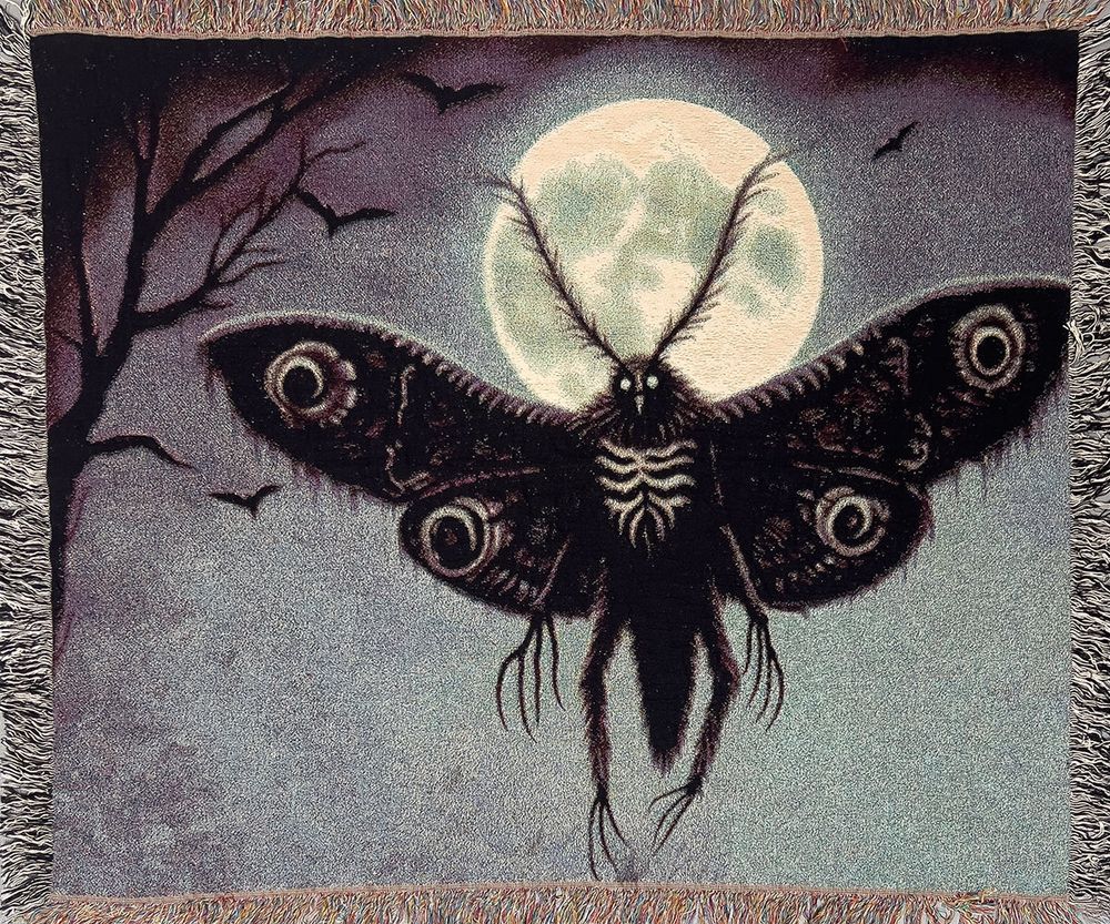 A blanket of mothman floating ominously in front of the moon.