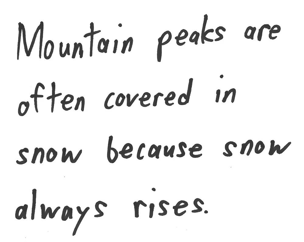 Mountain peaks are
often covered in
snow because snow
always rises.

