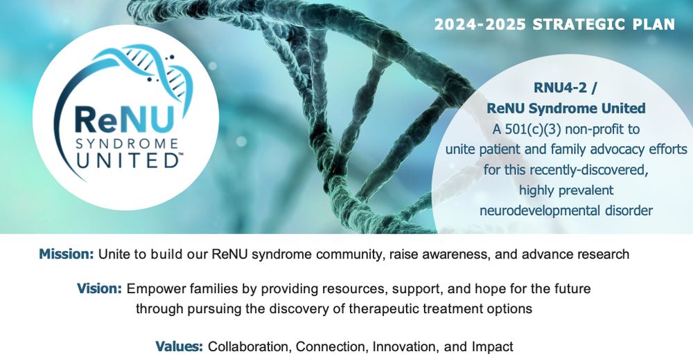 Flyer for ReNU syndrome united detailing the mission (to unite and build community), vision (to empower families) and values (collaboration, connection, innovation, and impact).