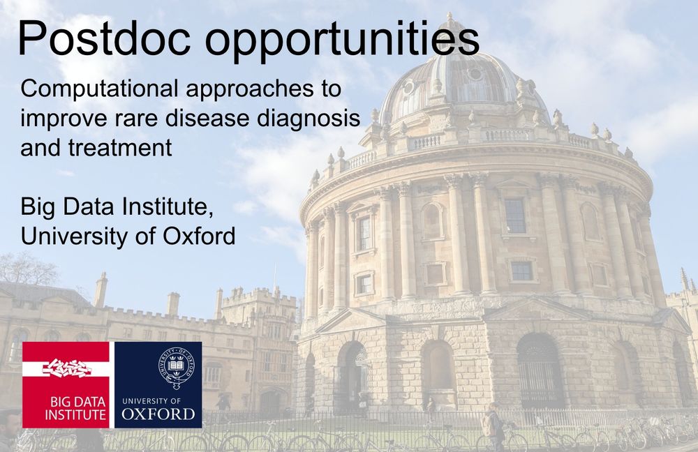 Image of an old building in Oxford with the heading 'postdoc opportunities' and the text 'computational approaches to improve rare disease diagnosis and treatment' and 'Big Data Institute, University of Oxford'