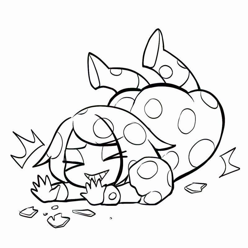 A chibi anime girl dressed in an outfit inspired by Mr Blobby crumples on the floor, smashing something.