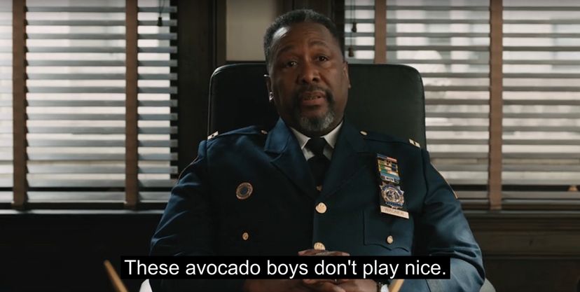 Screenshot from Elsbeth, Wendell Pierce saying “those avocado boys don’t play nice.”