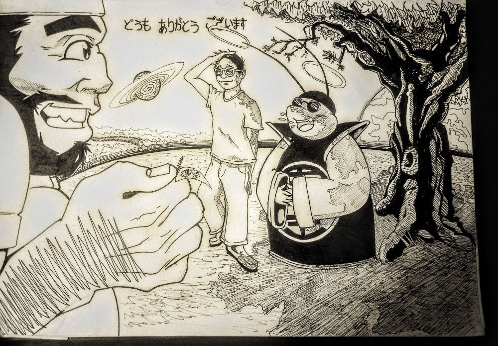 A Humble man standing next to king Kai on his planet in the otherworld. Off to the side King Yama is requesting an Autograph. With glimpses of snakeway and several astral bodies in the background.