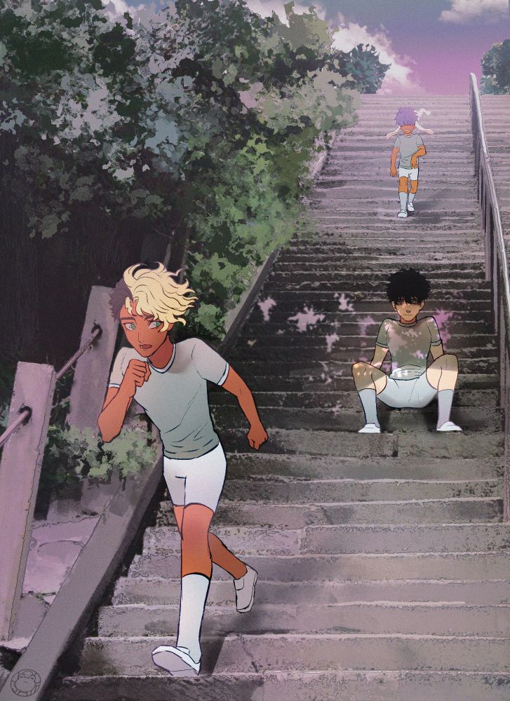 River, Gene, and Luna all 'running' during physical fitness. Gene is not really trying.