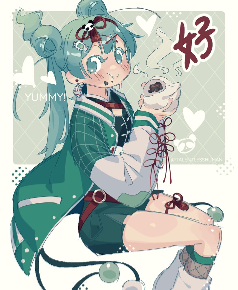#drawing #illustration of #hatsunemiku #miku as the HAO design from the #deco27 song #HAO . 

Miku is a feminine design with pale skin and green hair. This design features various chinese motifs such as pandas, red threads, and a die with chinese characters. She is eating a big dumpling.

#talentlessart 