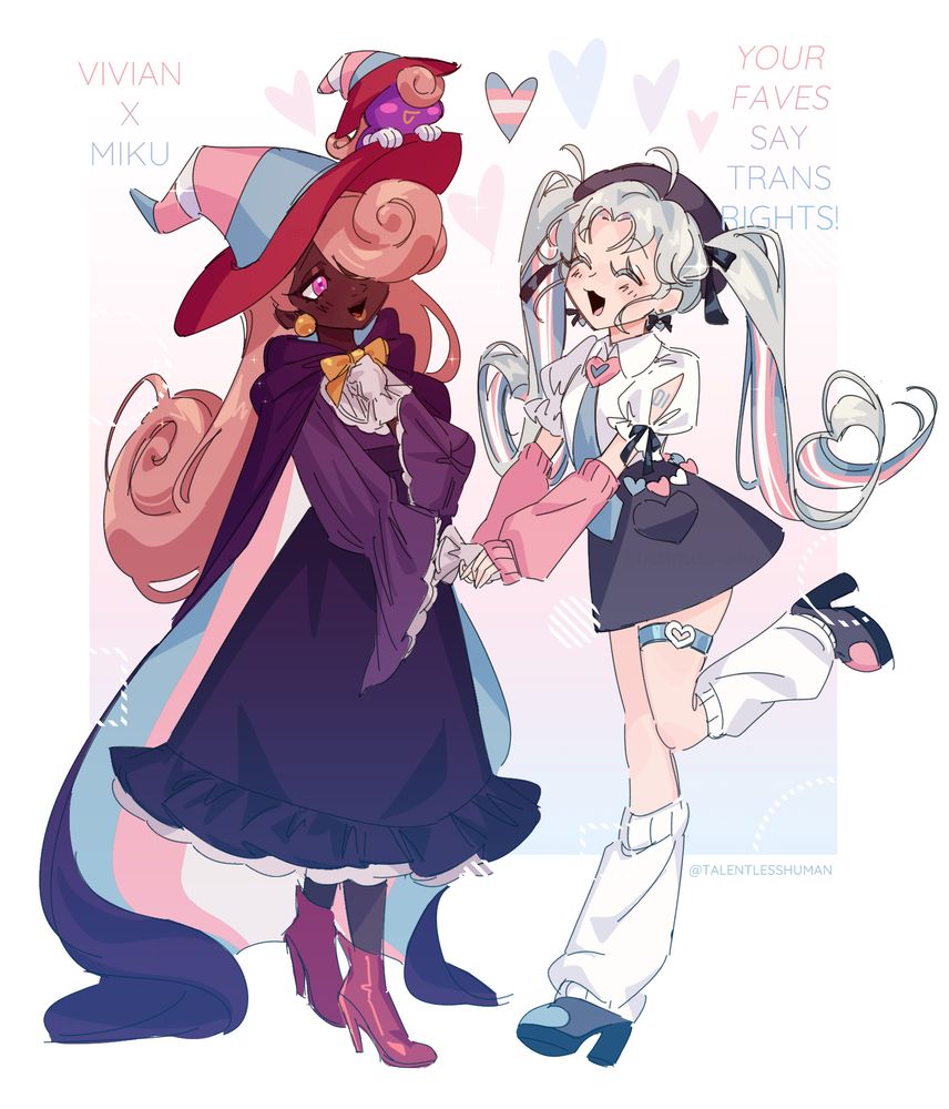 #fanart #drawing of a #humanized #gijinka #vivian from #papermario #thethousandyeardoor #papermariothethousandyeardoor #pm #pmttyd #ttyd and #hatsunemiku #miku 
Both of their designs are modified to include more trans-flag motifs and colors.

#talentlessart 